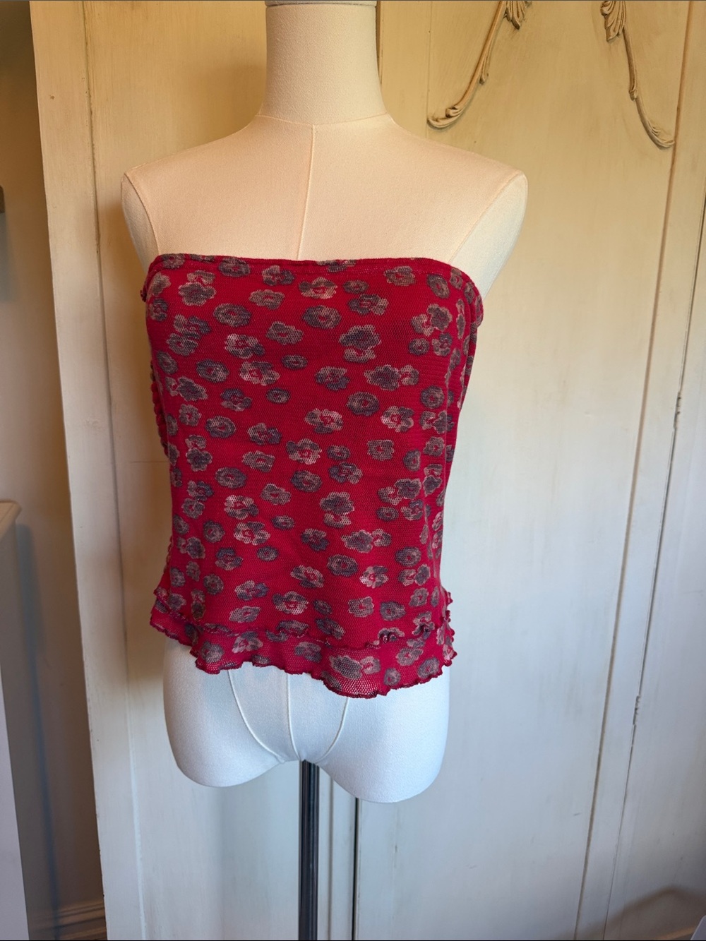 Free People Strapless Floral Mesh Tube Top in Berry Red